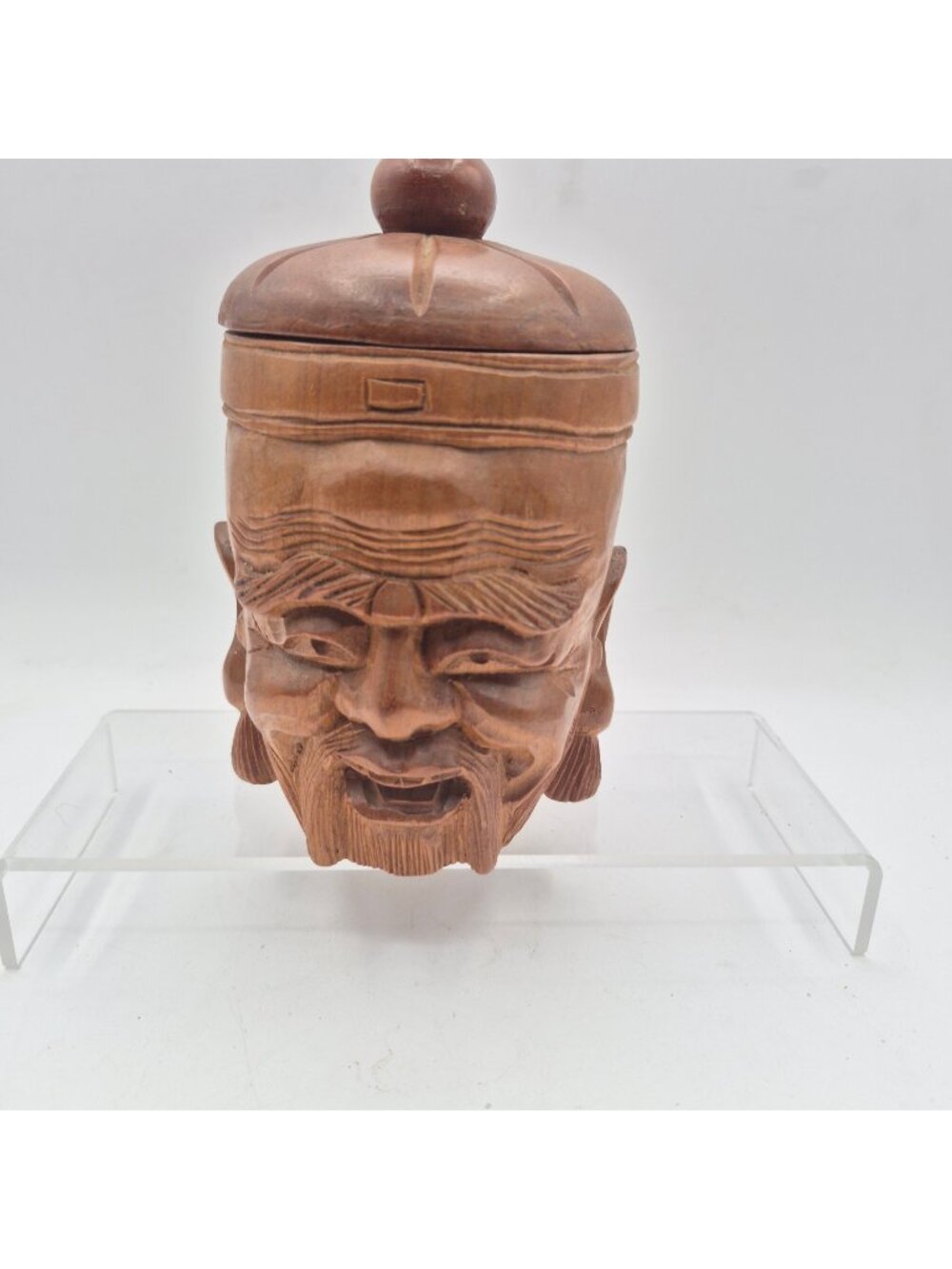Carved Wood Head Container Lidded Jar Vintage Decor